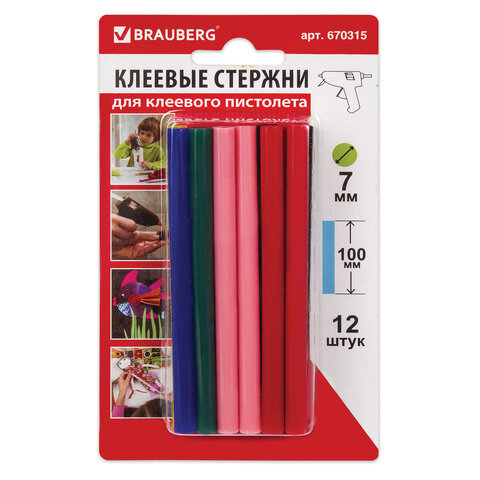 Клеевые стержни, диаметр 7 мм, длина 100 мм, цветные (ассорти), КОМПЛЕКТ 12 шт., 6 цветов, BRAUBERG, блистер, 670315