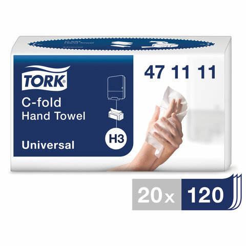 Полотенца бумажные (1 пачка 120 листов) TORK (H3) Universal, 2-слойные, цвет натуральный, 24х27,5, С-сложение, 471111