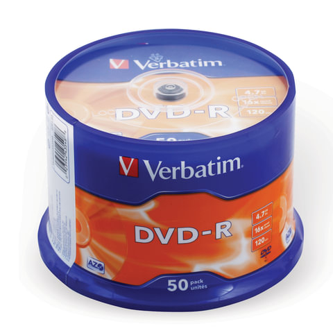 Диски DVD-R(минус) VERBATIM 4,7 Gb 16x, КОМПЛЕКТ 50 шт., Cake Box, 43548