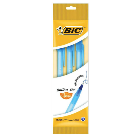 Ручки шариковые BIC "Round Stic", НАБОР 3 шт., СИНИЕ, узел 1 мм, линия письма 0,32 мм, пакет, 9021522