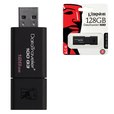 Флеш-диск 128 GB, KINGSTON DataTraveler 100 G3, USB 3.0, черный, DT100G3/128GB