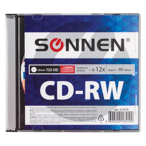 Диск CD-RW SONNEN, 700 Mb, 4-12x, Slim Case (1 штука), 512579