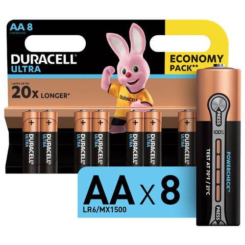 Батарейки КОМПЛЕКТ 8 шт., DURACELL Ultra, AA (LR06, 15А), алкалиновые, пальчиковые, блистер