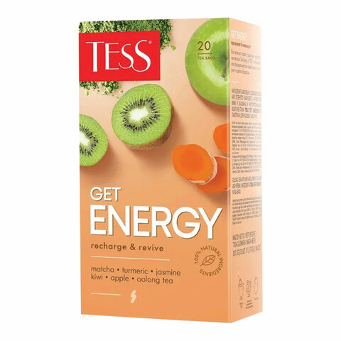 Чай TESS (Тесс) "Get Energy", зеленый с ароматом киви и жасмина, 20 пакетиков по 1,5 г, 1670-12