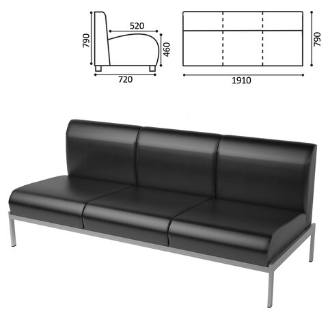 Диван мягкий трехместный "Дилан" Д-22, 1910х720х790 мм, без подлокотников, кожзам, черный